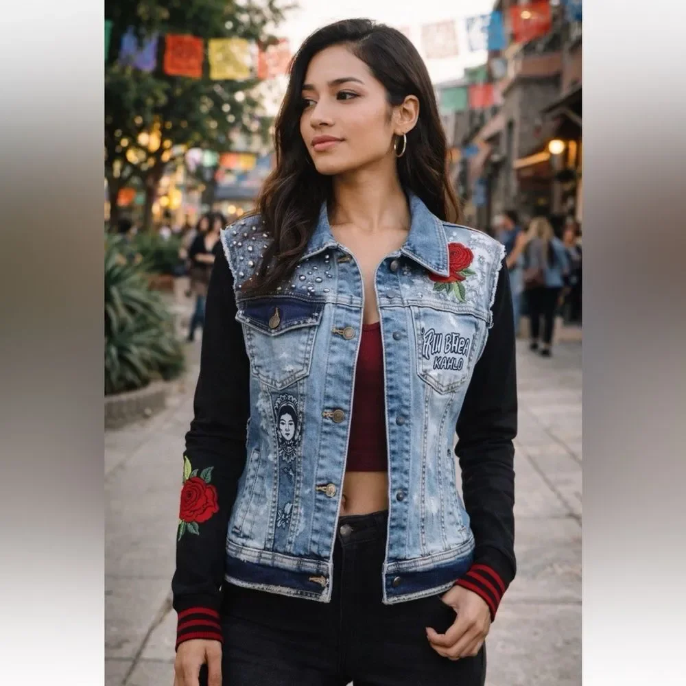 ¡Ay Güey! MX XS Denim Jacket Frida Kahlo Rose Studded Stretch Jean Jacket. XS - Picture 3 of 8